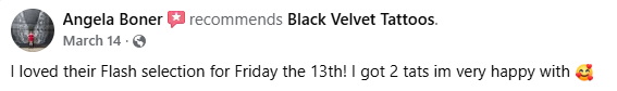 Customer review for Black Velvet Cape Tattoo in Cape Girardeau, MO