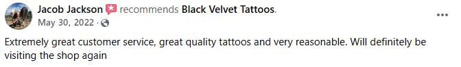 Customer review for Black Velvet Cape Tattoo in Cape Girardeau, MO