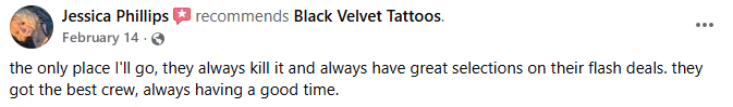 Customer review for Black Velvet Cape Tattoo in Cape Girardeau, MO