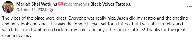 Customer review for Black Velvet Cape Tattoo in Cape Girardeau, MO