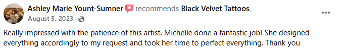 Customer review for Black Velvet Cape Tattoo in Cape Girardeau, MO