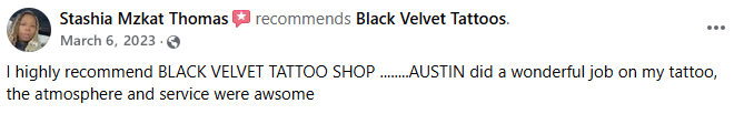 Customer review for Black Velvet Cape Tattoo in Cape Girardeau, MO