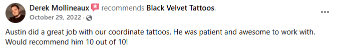 Customer review for Black Velvet Cape Tattoo in Cape Girardeau, MO